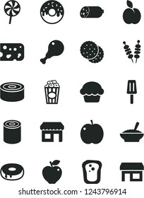 Solid Black Vector Icon Set - sausage vector, piece of cheese, canned goods, tin, fried vegetables on sticks, cake, with a hole, glazed, bowl buckwheat porridge, chicken leg, lollipop, cup popcorn