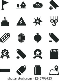 Solid Black Vector Icon Set - danger of electricity vector, add bookmark, minus, label, remove, pennant, winch hook, Hot Dog, birthday cake, medlar, melon, CO2, jar, sd card, bang, medal, map