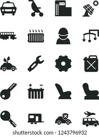 Solid Black Vector Icon Set - truck lorry vector, toys over the cot, Baby chair, car child seat, summer stroller, key, big solar panel, modern gas station, battery, racer, canister, autopilot, bus