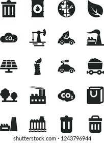 Solid Black Vector Icon Set - bin vector, bag with handles, apple stub, solar panel, working oil derrick, leaf, factory, hydroelectricity, trees, industrial building, thermal power plant, eco car