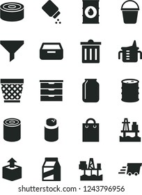 Solid Black Vector Icon Set - wicker pot vector, bin, storage unit, measuring cup for feeding, powder, baby, bucket, drawer, package, unpacking, canned goods, tin, sea port, commercial seaport, oil