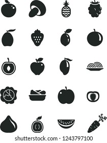 Solid Black Vector Icon Set - onion vector, porcini, lettuce in a plate, strawberry, pineapple, apple, squash, red, fig, blackberry, mango, loquat, water melon slice, tangerine, half cherry, tomato