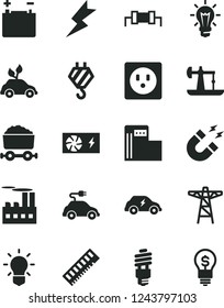 Solid Black Vector Icon Set - hook vector, lightning, oil derrick, modern gas station, accumulator, power pole, socket, industrial building, energy saving bulb, environmentally friendly transport