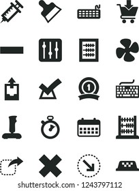 Solid Black Vector Icon Set - keyboard vector, minus, cross, upload archive data, new abacus, putty knife, regulator, put in cart, move right, bottom arrow, fan screw, calendar, joystick, syringe