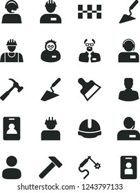 Solid Black Vector Icon Set - builder vector, workman, trowel, building, ceramic tiles, construction helmet, putty knife, hammer, with claw, operator, gas welding, woman, man, dispatcher, scientist