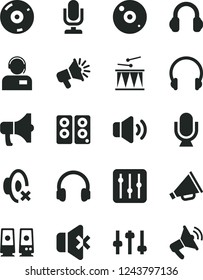 Solid Black Vector Icon Set - desktop microphone vector, horn, silent mode, drumroll, headphones, regulator, volume, no sound, operator, megaphone, loudspeaker, cd, pc speaker, settings