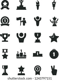 Solid Black Vector Icon Set - star vector, pedestal, flame torch, winner, podium, prize, award, gold cup, reward, man hold flag, first place medal, with pennant, ribbon, hero, hands up, victory hand