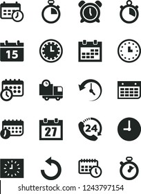Solid Black Vector Icon Set - daily calendar vector, stopwatch, clock face, alarm, counterclockwise, wall, delivery, 24, watch, black, agenda, schedule, history