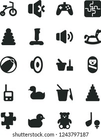 Solid Black Vector Icon Set - loudspeaker vector, rubber duck, baby duckling, bath ball, stacking rings, toy, roly poly doll, phone, sand set, children's, small teddy bear, rocking horse, Puzzle