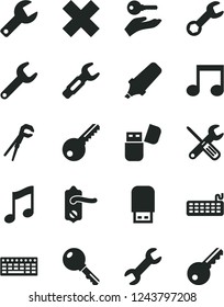 Solid Black Vector Icon Set - repair key vector, cross, small tools, adjustable wrench, door knob, music, steel, text highlighter, keyboard, usb flash, note, arm with