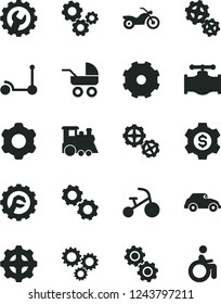 Solid Black Vector Icon Set - truck lorry vector, baby carriage, children's train, tricycle, Kick scooter, gears, cogwheel, gear, star, valve, retro car, three, dollar, motorcycle, disabled