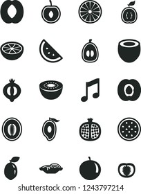 Solid Black Vector Icon Set - music vector, slices of onion, orange slice, half apricot, pomegranate, medlar, mango, peach, melon, tangerine, loquat, cherry, kiwi, passion fruit, sour lime, guawa