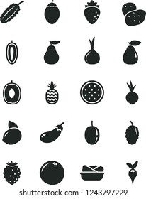 Solid Black Vector Icon Set - lettuce in a plate vector, beet, pineapple, pear, raspberry, tasty, mulberry, delicious plum, passion fruit, sweet date, yellow lemon, half of, tamarillo, grapefruit