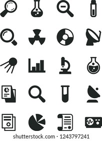 Solid Black Vector Icon Set - magnifier vector, zoom out, negative histogram, artificial satellite, round flask, radiation, dish, antenna, ring diagram, pie charts, statistical research, article