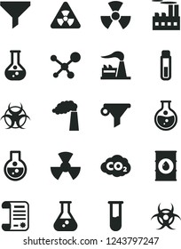 Solid Black Vector Icon Set - round flask vector, manufacture, factory, oil, industrial building, radiation, carbon dyoxide, filter, water, research article, test tube, molecule, nuclear, biohazard