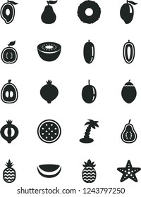 Solid Black Vector Icon Set - a pineapple vector, medlar, half of, mango, date fruit, loquat, passion, sweet, kiwi, tamarillo, guawa, piece coconut, slice, ripe guava, part, palm tree, starfish