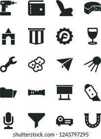 Solid Black Vector Icon Set - desktop microphone vector, purse, car child seat, box of bricks, cordless drill, construction level, star gear, knife, artificial satellite, cheese, popcorn, glass