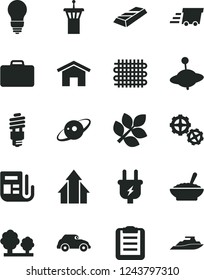 Solid Black Vector Icon Set - yule vector, gears, bulb, home, a bowl of buckwheat porridge, plug, trees, weaving, energy saving, retro car, morning paper, urgent cargo, clipboard, saturn, biology