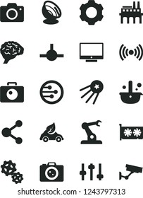 Solid Black Vector Icon Set - camera vector, screen, industrial enterprise, gears, eco car, assembly robot, metallurgy, connection, gpu card, network, connect, wireless, settings, brain, first