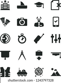 Solid Black Vector Icon Set - delete page vector, settings, scientist, graduate hat, drawing compass, earth core, lunar rover, presentation board, stopwatch, phone registration, rolling case, hotel
