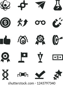 Solid Black Vector Icon Set - flask vector, atom, glasses, dna, bactery, magnet, medal, resistor, finger up, man arrow, star flag, pennant, purpose, vote check, dollar coin, paper plane, three stars
