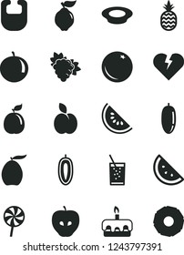 Solid Black Vector Icon Set - bib vector, broken heart, torte, a plate of milk, lollipop, glass soda, pineapple, apple, orange slice, branch grape, quince, tasty, water melon, loquat, date fruit