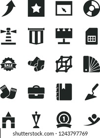 Solid Black Vector Icon Set - warm socks vector, Knitted, box of bricks, building trowel, color samples, notebook, SIM card, lighthouse, billboard with illumination, portfolio, ring diagram, sale
