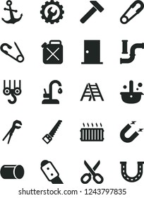 Solid Black Vector Icon Set - scissors vector, safety pin, open, winch hook, adjustable wrench, arm saw, ladder, ntrance door, gear, knife, kitchen faucet, hammer, anchor, water pipes, canister
