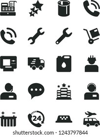 Solid Black Vector Icon Set - speech vector, 24, phone call, operator, shipment, battery, builder, canister of oil, pipes, repair key, dispatcher, Express delivery, cash machine, three stars, taxi