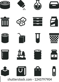 Solid Black Vector Icon Set - wicker pot vector, bin, storage unit, baby powder, packing of juice with a straw, drawer, bag handles, package, unpacking, canned goods, tin, popcorn, jam, jar, barrel