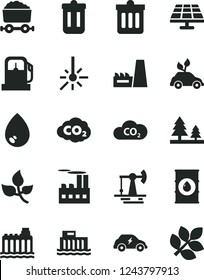 Solid Black Vector Icon Set - dust bin vector, drop, solar panel, working oil derrick, leaves, gas station, hydroelectric, hydroelectricity, forest, industrial building, thermal power plant, CO2