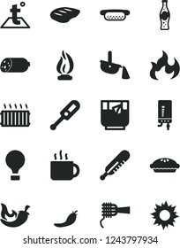 Solid Black Vector Icon Set - electronic thermometer vector e, mercury, temperature, boiler, sausage, mini hot dog, noodles, pie, chop, chili, cup of tea, a glass, bottle soda, red pepper, flame