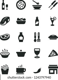 Solid Black Vector Icon Set - plates and spoons vector, iron fork, coffee, pizza, piece of, pie, porridge in a saucepan, lettuce plate, bacon, barbecue, French fries, sushi, glass, bottle, liquor