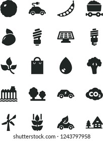 Solid Black Vector Icon Set - saving light bulb vector, drop, cabbage, mint, yellow lemon, peas, broccoli, leaves, wind energy, hydroelectricity, trees, eco car, electric, transport, carbon dyoxide