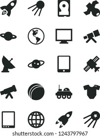 Solid Black Vector Icon Set - monitor vector, t short, bath ball, earth, artificial satellite, planet, tablet pc, hdd, telescope, antenna, saturn, rocket, lunar rover, first
