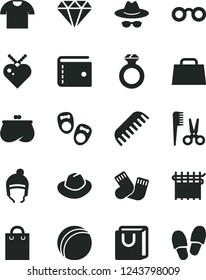 Solid Black Vector Icon Set - purse vector, hat, with glasses, bath ball, accessories for a hairstyle, comb, warm socks, shoes little children, winter, bag handles, T shirt, cloth industry, hand