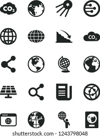 Solid Black Vector Icon Set - sign of the planet vector, earth, solar panel, CO2, carbon dyoxide, connection, connections, globe, recession, newspaper, network, browser, man hold world, passport