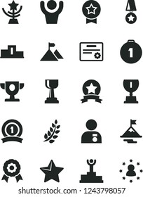 Solid Black Vector Icon Set - star vector, medal, laurel branch, pedestal, winner podium, prize, award, gold cup, man with, motivation, mountain flag, first place, ribbon, certificate, hands up
