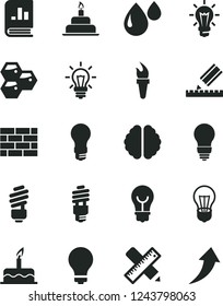 Solid Black Vector Icon Set - matte light bulb vector, cake, birthday, brickwork, saving, writing accessories, drawing, honeycombs, drop, energy, book on statistics, brain, flame torch, arrow up