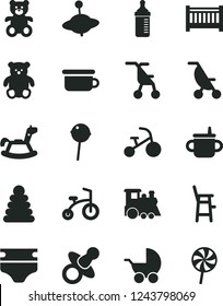 Solid Black Vector Icon Set - baby cot vector, dummy, mug for feeding, measuring bottle, diaper, stroller, summer, sitting, stacking rings, children's potty, a chair child, teddy bear, small, train