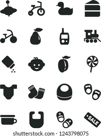 Solid Black Vector Icon Set - baby powder vector, bib, Child T shirt, rubber duck, warm socks, toy mobile phone, children's potty, hairdo, train, yule, bicycle, tricycle, shoes for little children