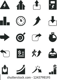 Solid Black Vector Icon Set - danger of electricity vector, right direction, bar chart, upload archive data, dangers, timer, put in a box, move up, down, left, crisis, article on the dollar, arrows