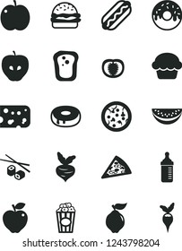 Solid Black Vector Icon Set - measuring bottle for feeding vector, piece of cheese, pizza, Hot Dog, burger, cake, with a hole, glazed, Chinese chopsticks, cup popcorn, sandwich, apple, quince, red