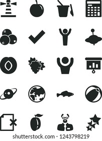 Solid Black Vector Icon Set - check mark vector, baby bath ball, children's sand set, yule, delete page, small fish, branch of grape, plum, blueberries, ripe, tasty, planet, lighthouse, presentation