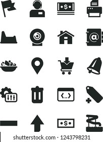 Solid Black Vector Icon Set - house vector, upward direction, minus, add label, potty chair, bell, flag, address book, put in cart, operator, lens, a plate of fruit, location, cash, printer, coding