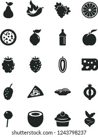 Solid Black Vector Icon Set - measuring bottle for feeding vector, piece of cheese, pizza, slices onion, muffin, Chupa Chups, pear, ripe peach, branch grape, quince, half medlar, blackberry, orange