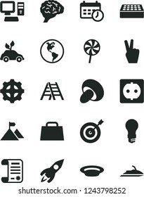 Solid Black Vector Icon Set - ladder vector, brick, porcini, plate, lollipop, planet Earth, light bulb, power socket, gear, environmentally friendly transport, rocket, research article, hand bag