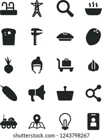Solid Black Vector Icon Set - incandescent lamp vector, magnifier, winter hat, map, megaphone, Easter cake, pie, hot porridge, cucumber, beet, coconut, garlic, power line, calipers, shopping basket