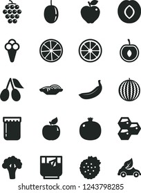 Solid Black Vector Icon Set - slices of onion vector, a glass tea, cone, jam, strawberries, honeycombs, pomegranate, large grape, apricot, red apple, plum, cornels, water melon, half cherry, banana