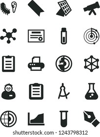 Solid Black Vector Icon Set - bookmark vector, printer, flask, test tube, telescope, molecule, bactery, scientist, clipboard, drawing compass, growth graph, radar, earth core, sun panel, patente